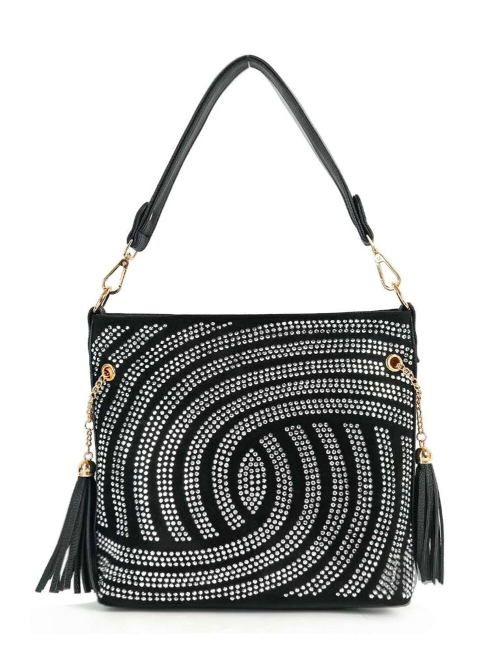 Black Rhinestone Swirl Faux Leather Hobo Crossbody Bag